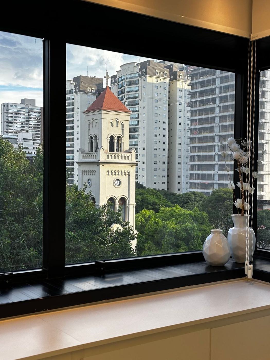Vista da janela do consultório em Moema, com árvores e luz natural